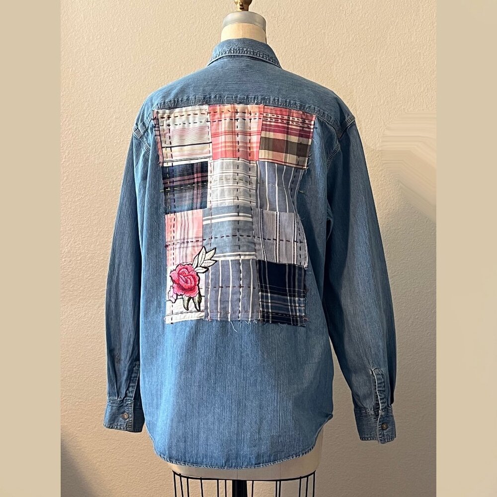 Upcycled denim shirt with patches